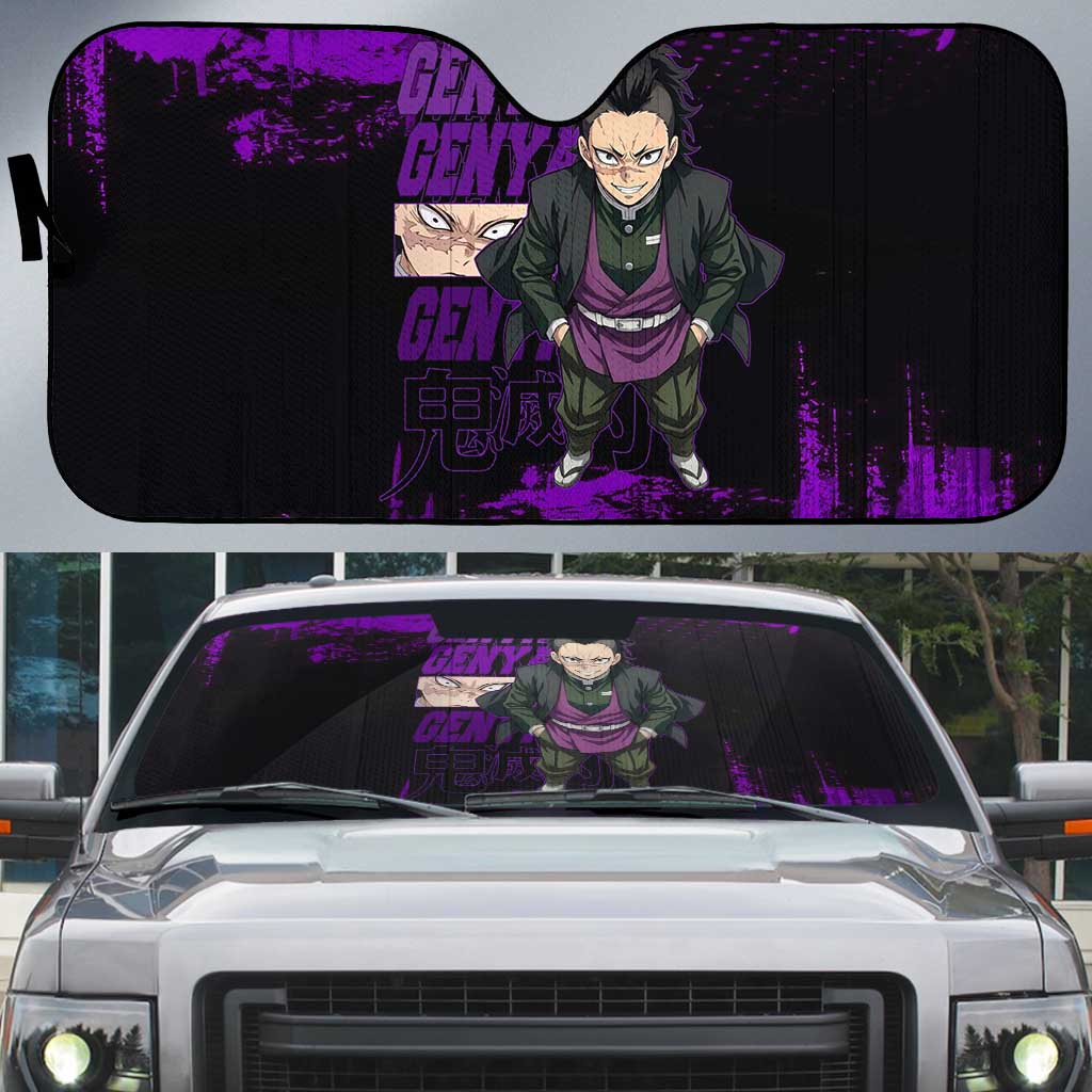 Genya Shinazugawa Demon Slayer Purple Grunge Design Auto Sun Shade with Fierce Expression and Combat Stance - The Mazicc
