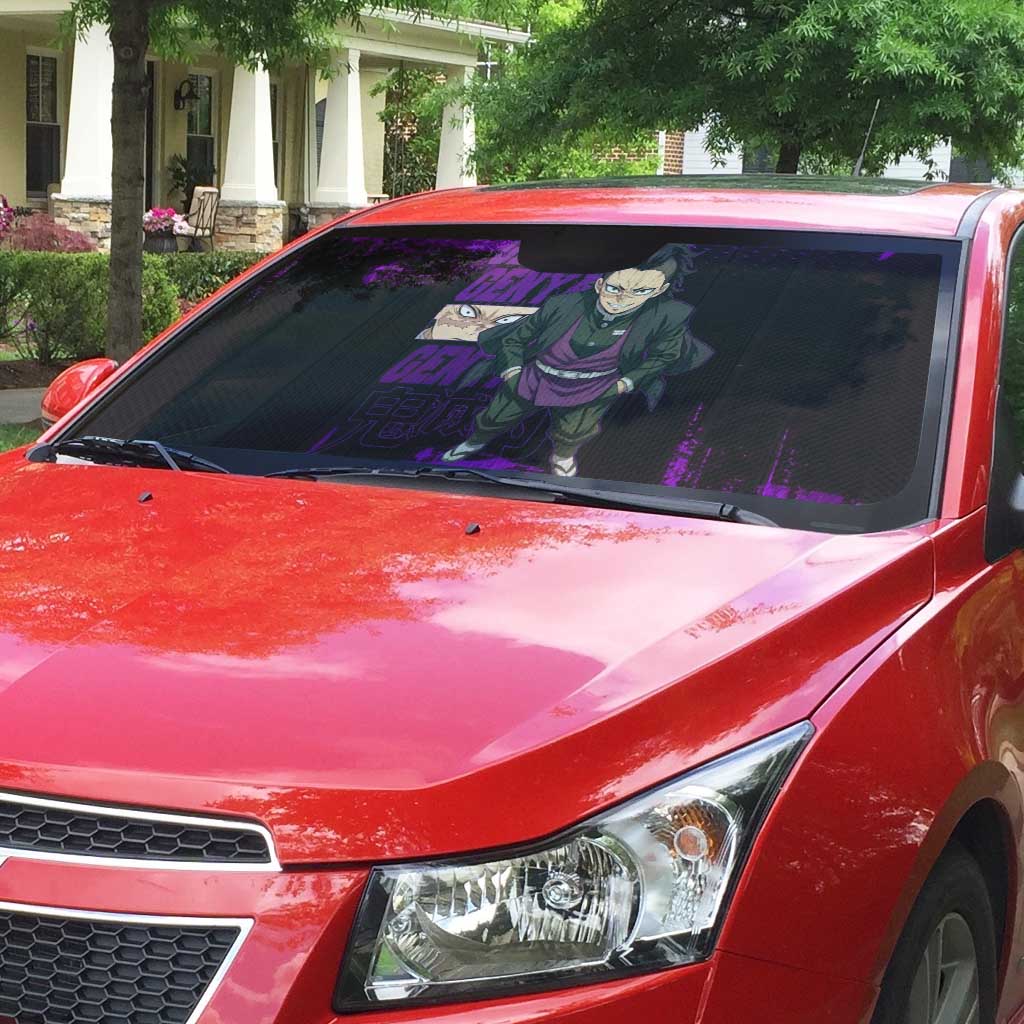 Genya Shinazugawa Demon Slayer Purple Grunge Design Auto Sun Shade with Fierce Expression and Combat Stance - The Mazicc