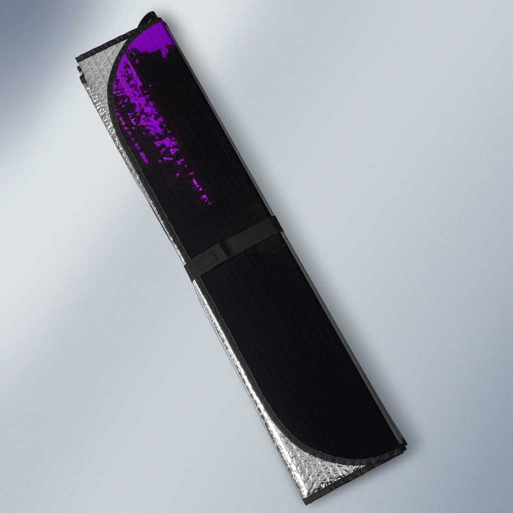 Genya Shinazugawa Demon Slayer Purple Grunge Design Auto Sun Shade with Fierce Expression and Combat Stance - The Mazicc