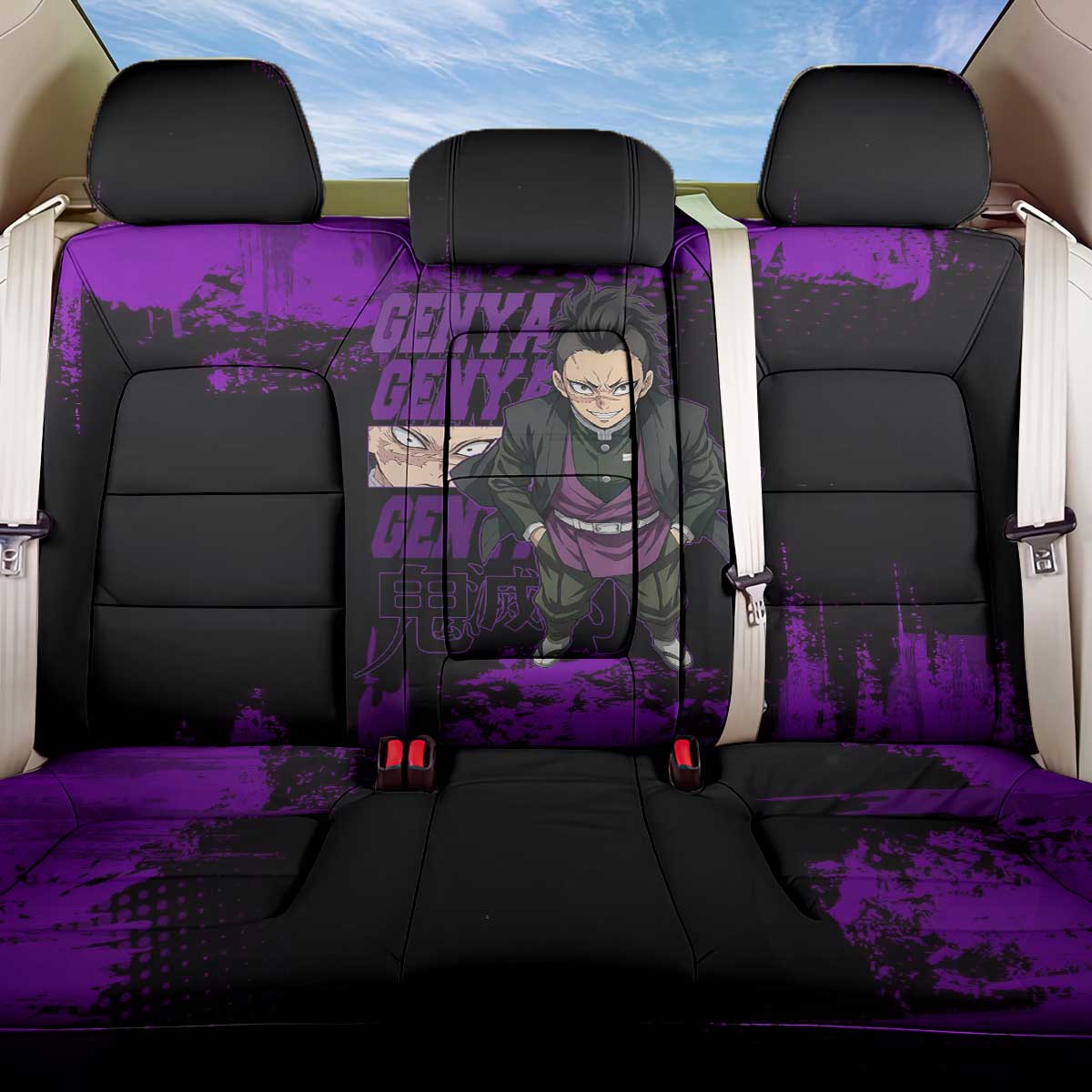 Genya Shinazugawa Demon Slayer Purple Grunge Design Back Car Seat Cover with Fierce Expression and Combat Stance - The Mazicc