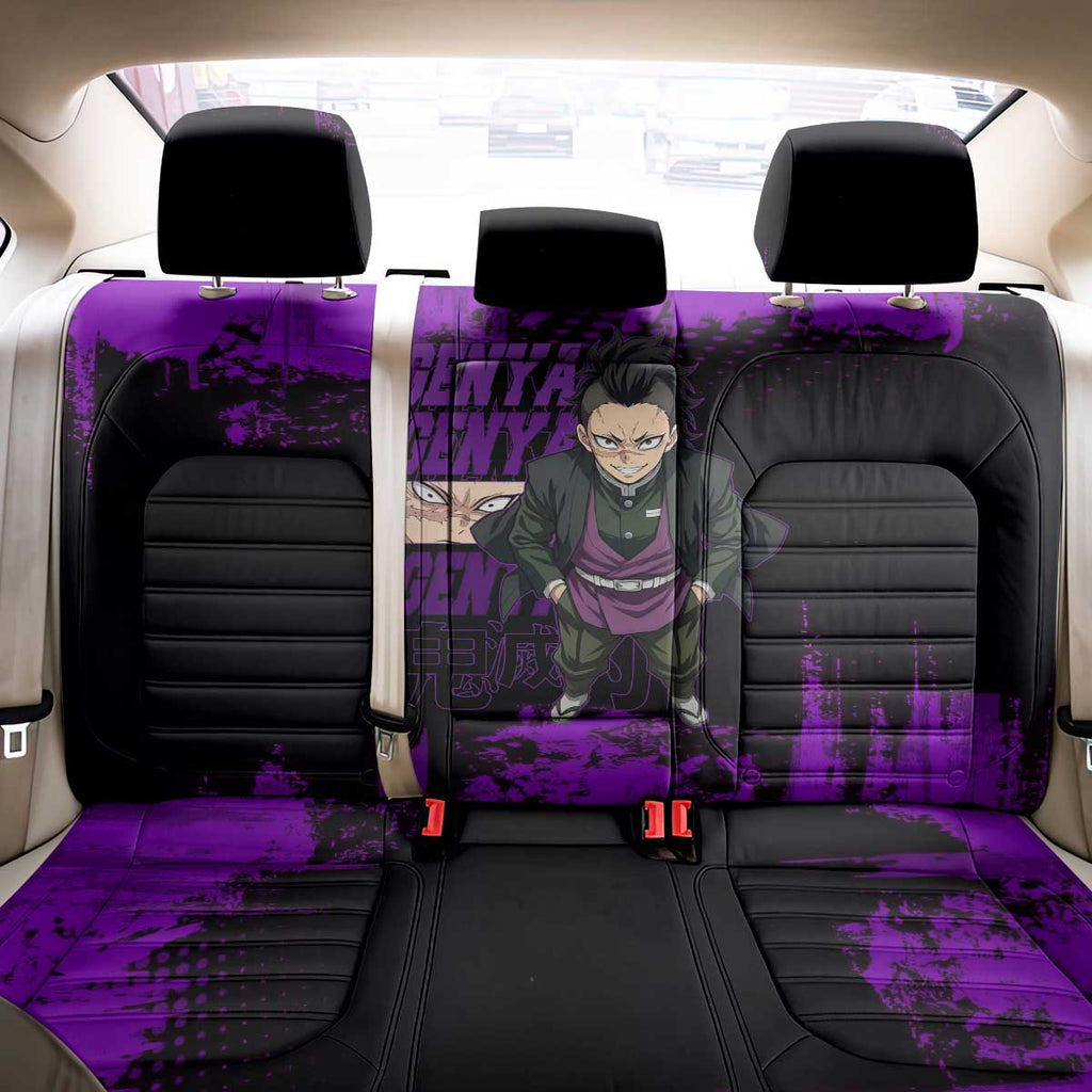 Genya Shinazugawa Demon Slayer Purple Grunge Design Back Car Seat Cover with Fierce Expression and Combat Stance - The Mazicc
