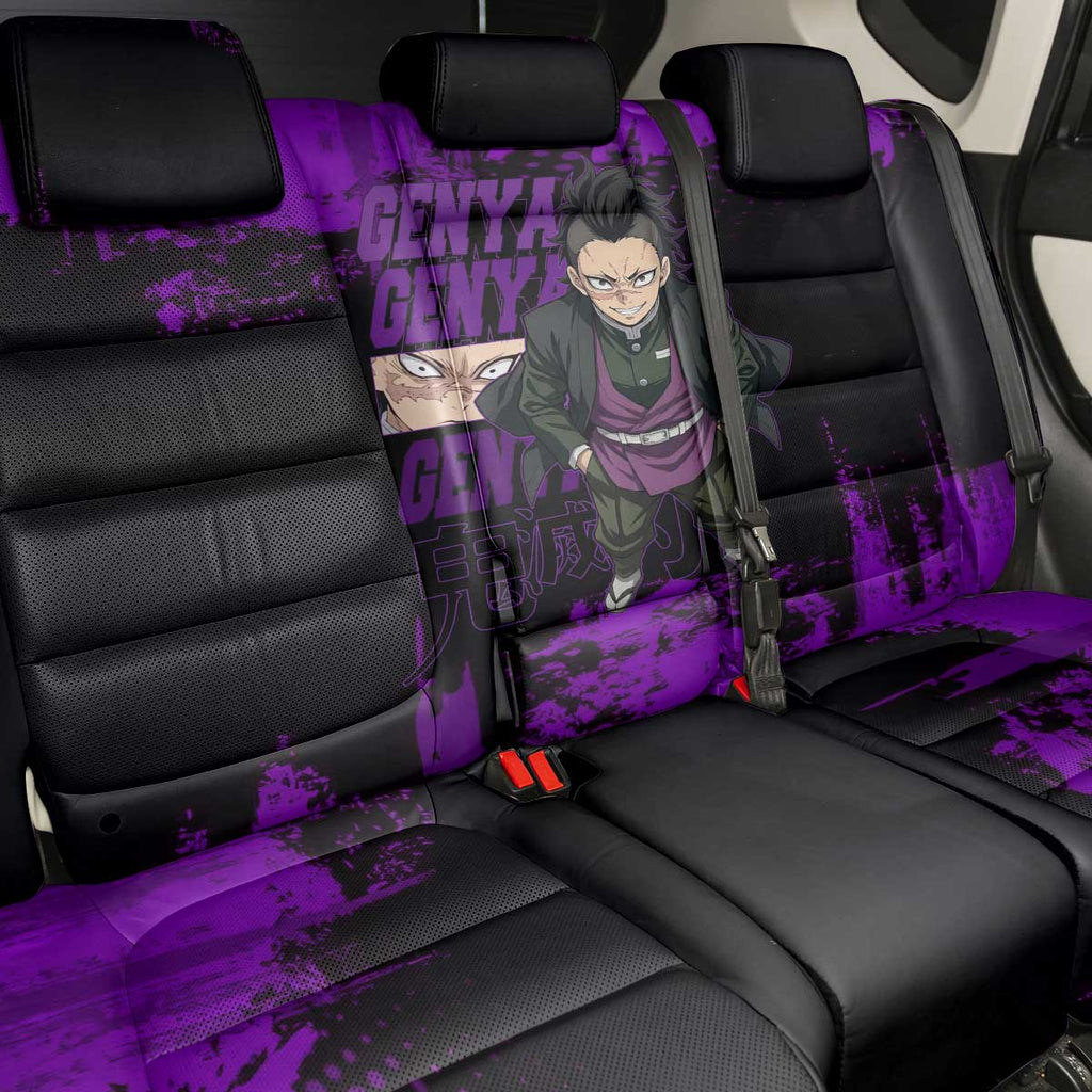 Genya Shinazugawa Demon Slayer Purple Grunge Design Back Car Seat Cover with Fierce Expression and Combat Stance - The Mazicc