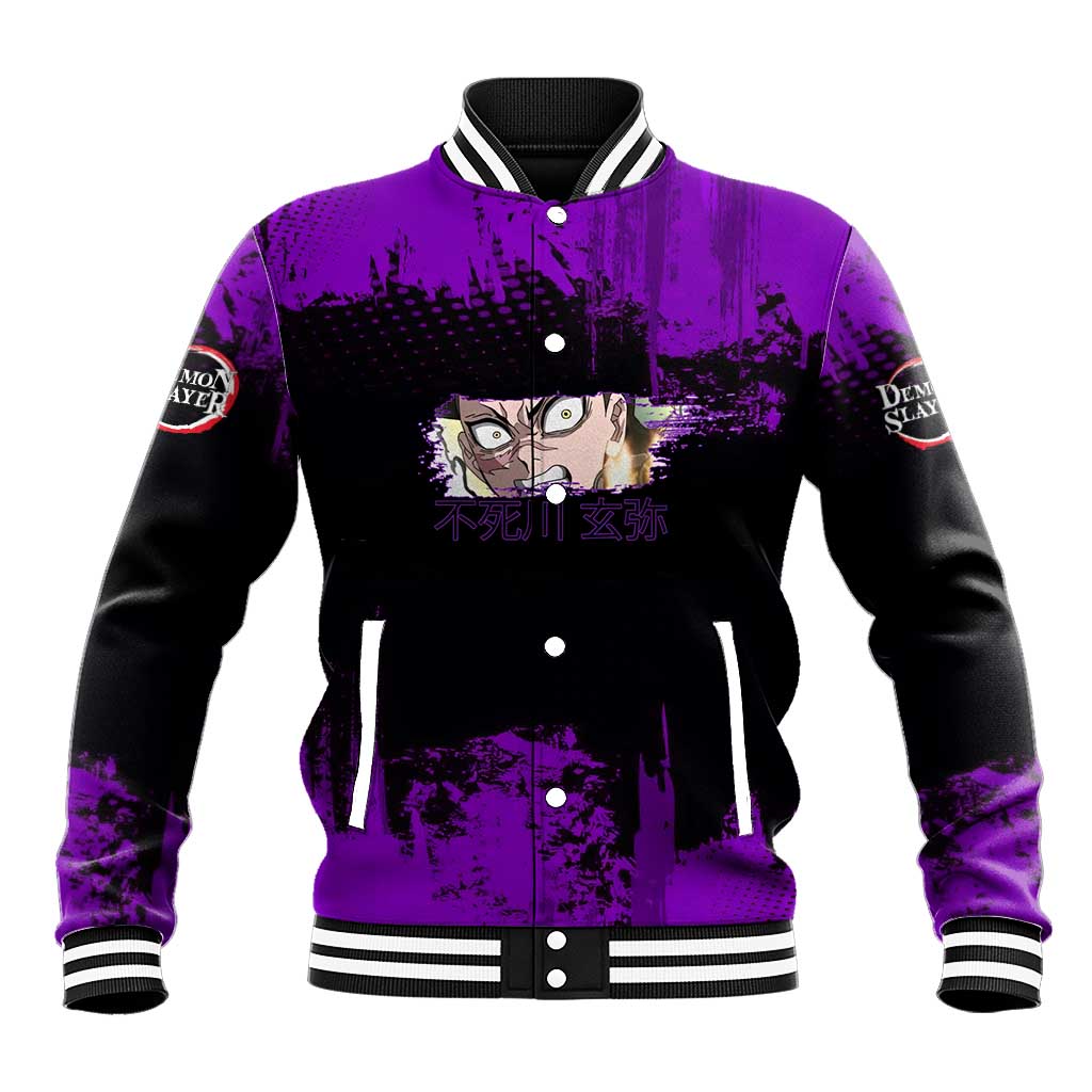 Genya Shinazugawa Demon Slayer Purple Grunge Design Baseball Jacket with Fierce Expression and Combat Stance - The Mazicc