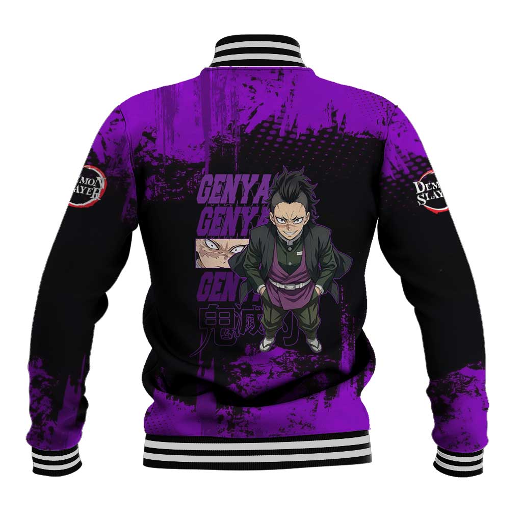 Genya Shinazugawa Demon Slayer Purple Grunge Design Baseball Jacket with Fierce Expression and Combat Stance - The Mazicc