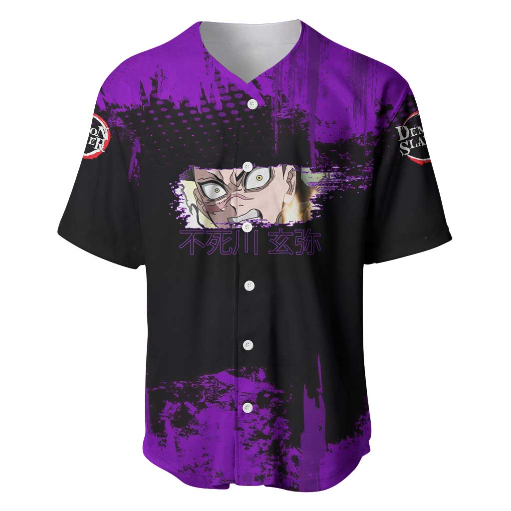 Genya Shinazugawa Demon Slayer Purple Grunge Design Baseball Jersey with Fierce Expression and Combat Stance - The Mazicc