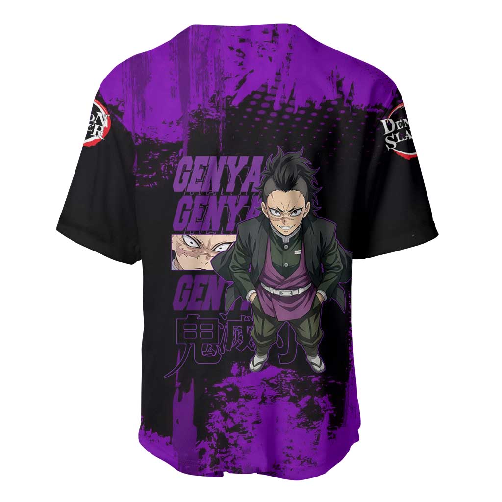 Genya Shinazugawa Demon Slayer Purple Grunge Design Baseball Jersey with Fierce Expression and Combat Stance - The Mazicc