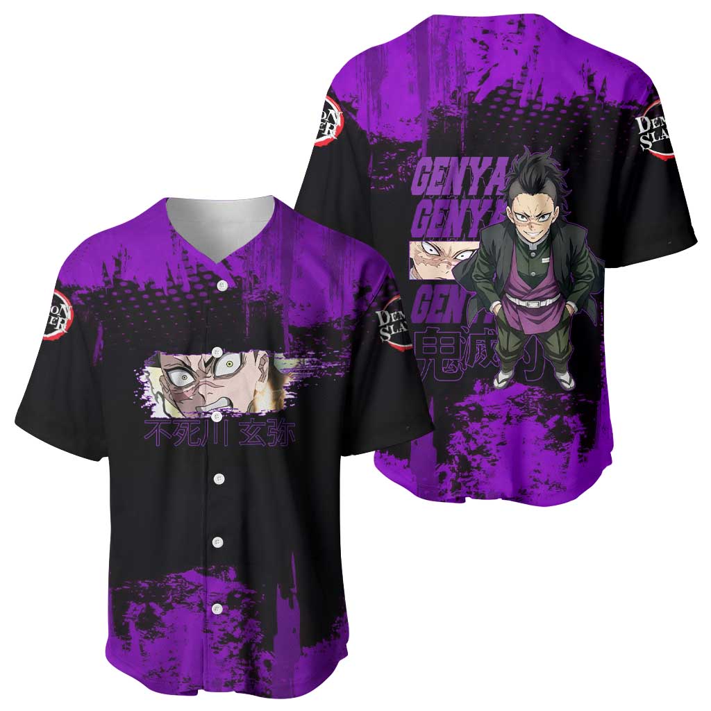 Genya Shinazugawa Demon Slayer Purple Grunge Design Baseball Jersey with Fierce Expression and Combat Stance - The Mazicc