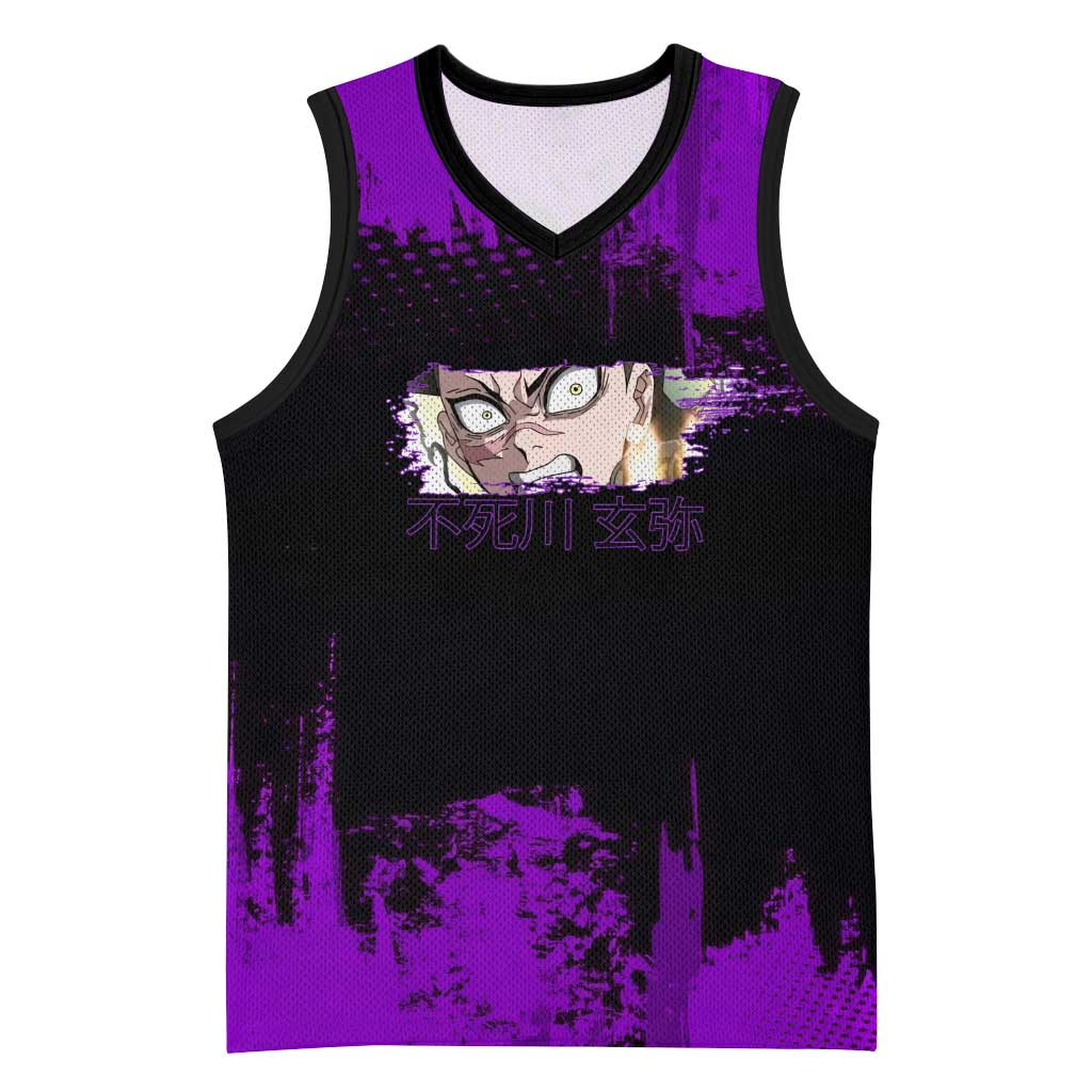 Genya Shinazugawa Demon Slayer Purple Grunge Design Basketball Jersey with Fierce Expression and Combat Stance - The Mazicc