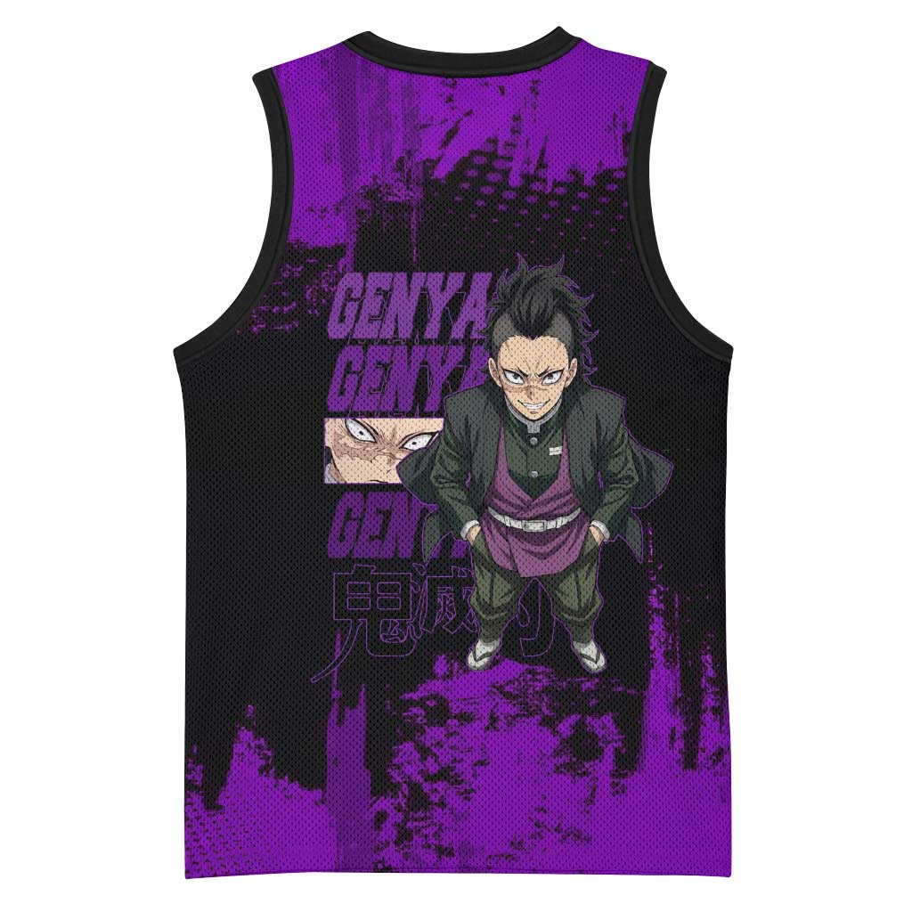 Genya Shinazugawa Demon Slayer Purple Grunge Design Basketball Jersey with Fierce Expression and Combat Stance - The Mazicc
