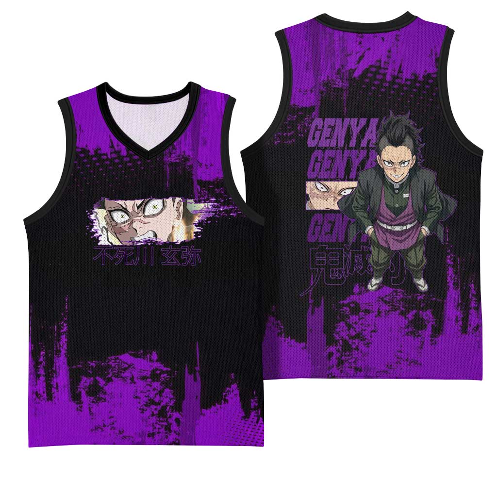 Genya Shinazugawa Demon Slayer Purple Grunge Design Basketball Jersey with Fierce Expression and Combat Stance - The Mazicc