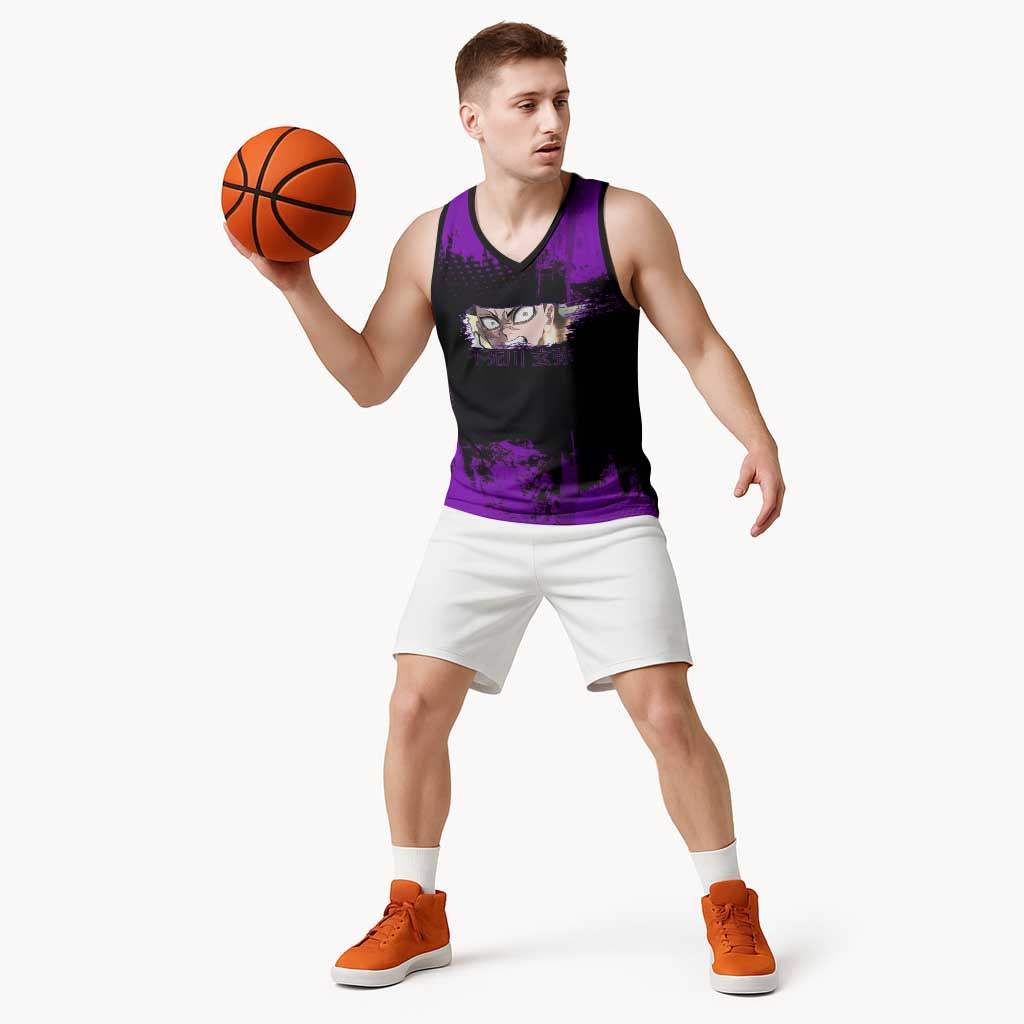 Genya Shinazugawa Demon Slayer Purple Grunge Design Basketball Jersey with Fierce Expression and Combat Stance - The Mazicc