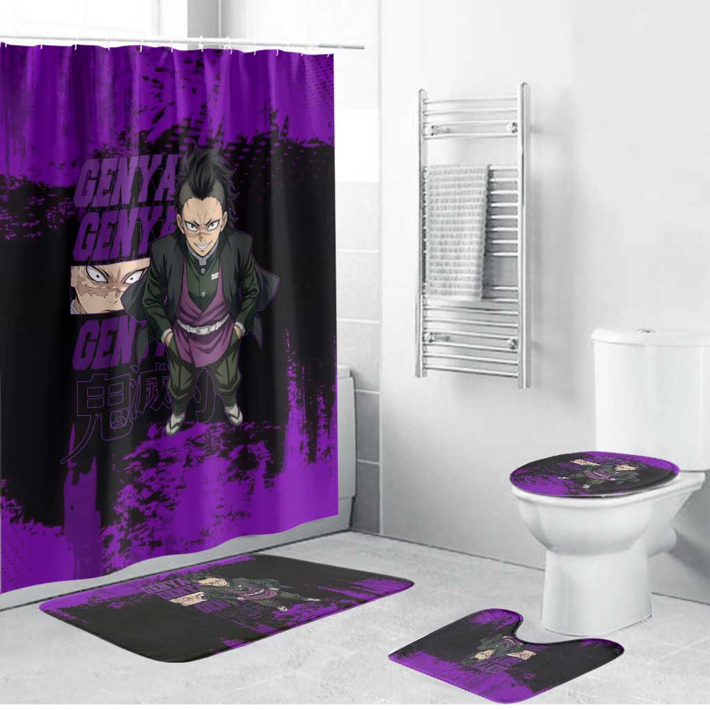 Genya Shinazugawa Demon Slayer Purple Grunge Design Bathroom Set with Fierce Expression and Combat Stance - The Mazicc