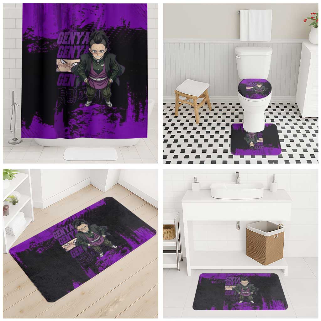Genya Shinazugawa Demon Slayer Purple Grunge Design Bathroom Set with Fierce Expression and Combat Stance - The Mazicc