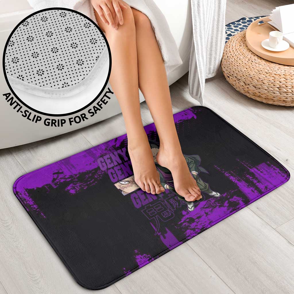Genya Shinazugawa Demon Slayer Purple Grunge Design Bathroom Set with Fierce Expression and Combat Stance - The Mazicc