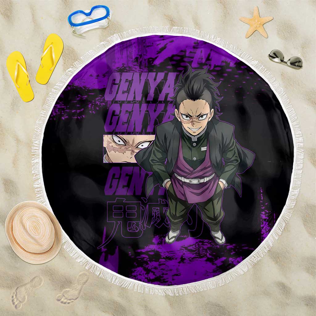 Genya Shinazugawa Demon Slayer Purple Grunge Design Beach Blanket with Fierce Expression and Combat Stance - The Mazicc
