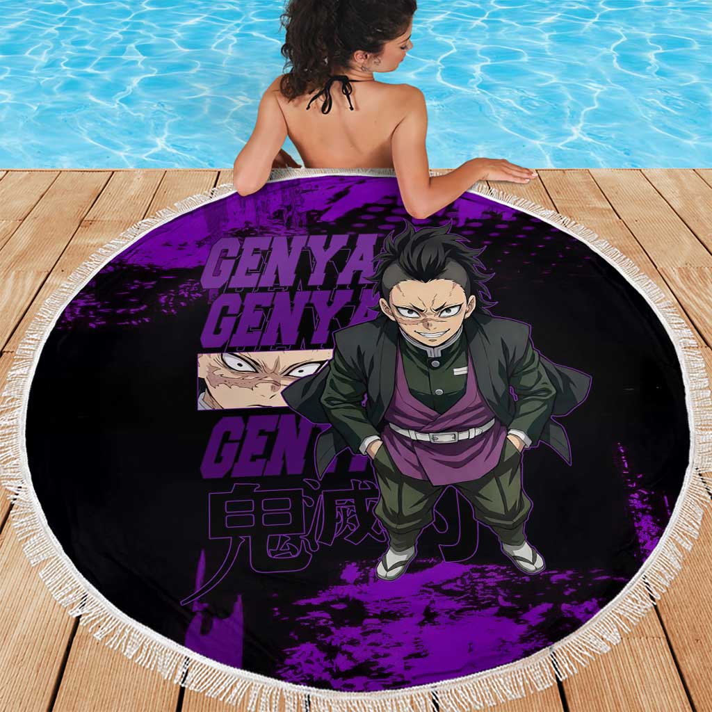 Genya Shinazugawa Demon Slayer Purple Grunge Design Beach Blanket with Fierce Expression and Combat Stance - The Mazicc