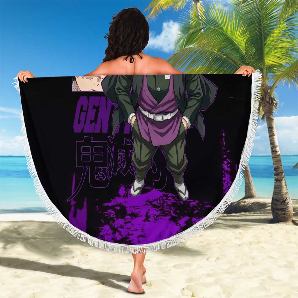 Genya Shinazugawa Demon Slayer Purple Grunge Design Beach Blanket with Fierce Expression and Combat Stance - The Mazicc