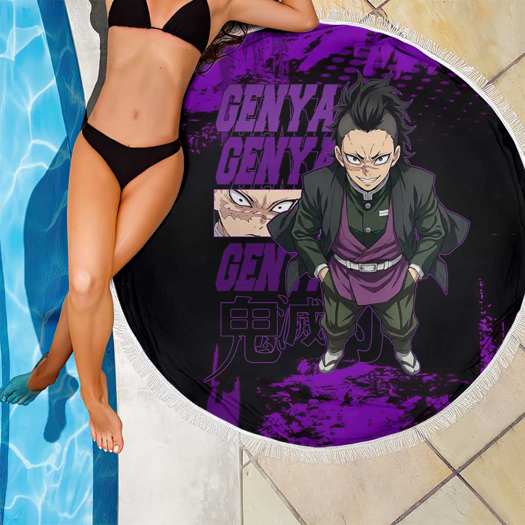Genya Shinazugawa Demon Slayer Purple Grunge Design Beach Blanket with Fierce Expression and Combat Stance - The Mazicc
