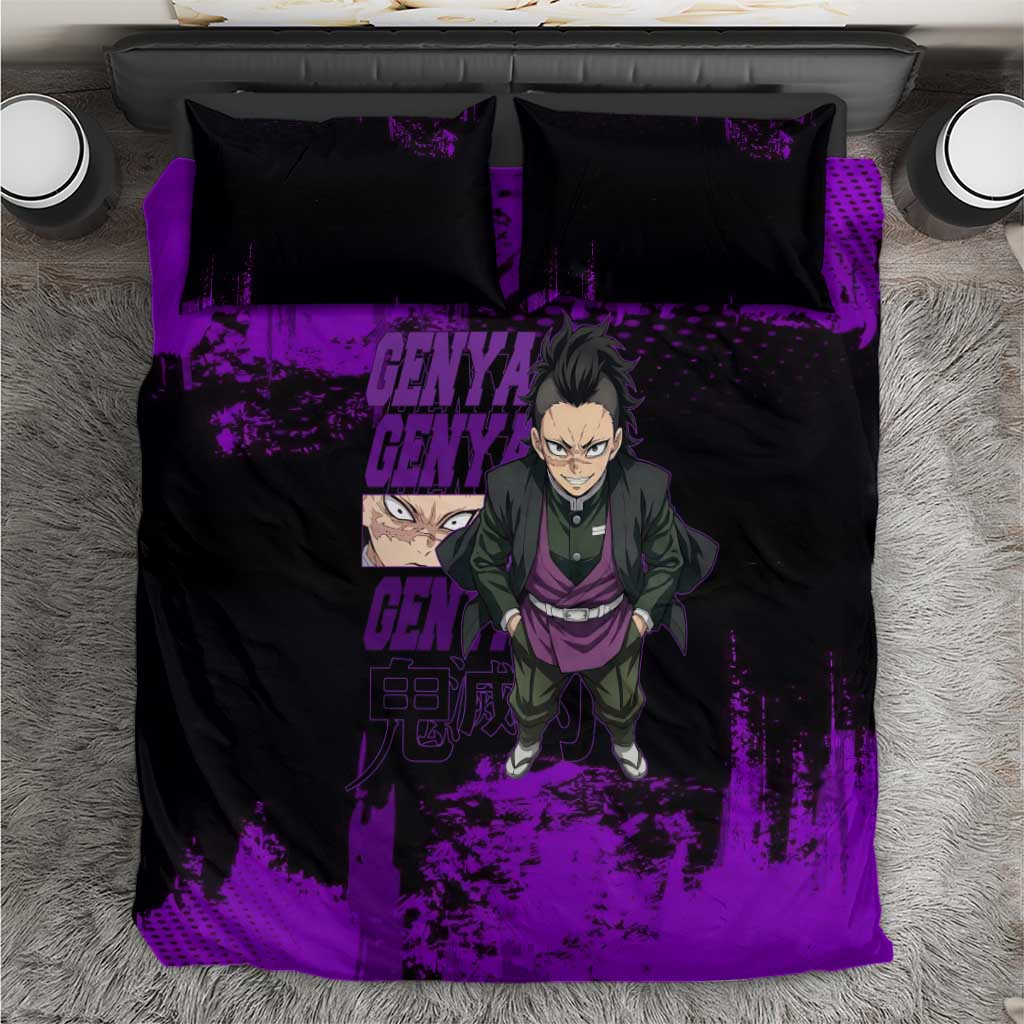 Genya Shinazugawa Demon Slayer Purple Grunge Design Bedding Set with Fierce Expression and Combat Stance - The Mazicc