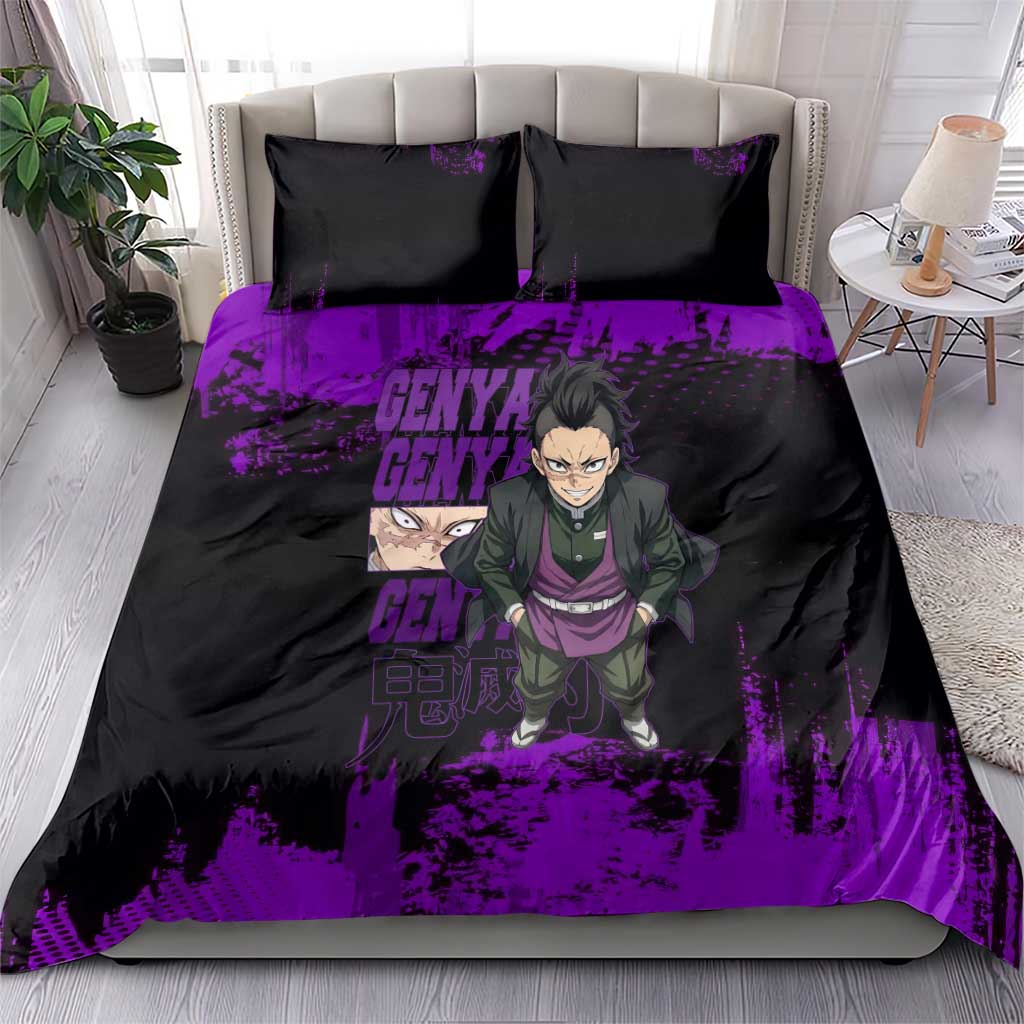 Genya Shinazugawa Demon Slayer Purple Grunge Design Bedding Set with Fierce Expression and Combat Stance - The Mazicc