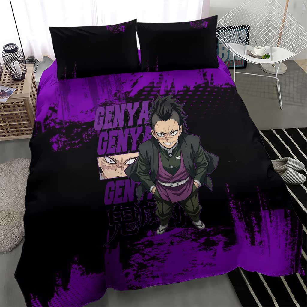 Genya Shinazugawa Demon Slayer Purple Grunge Design Bedding Set with Fierce Expression and Combat Stance - The Mazicc