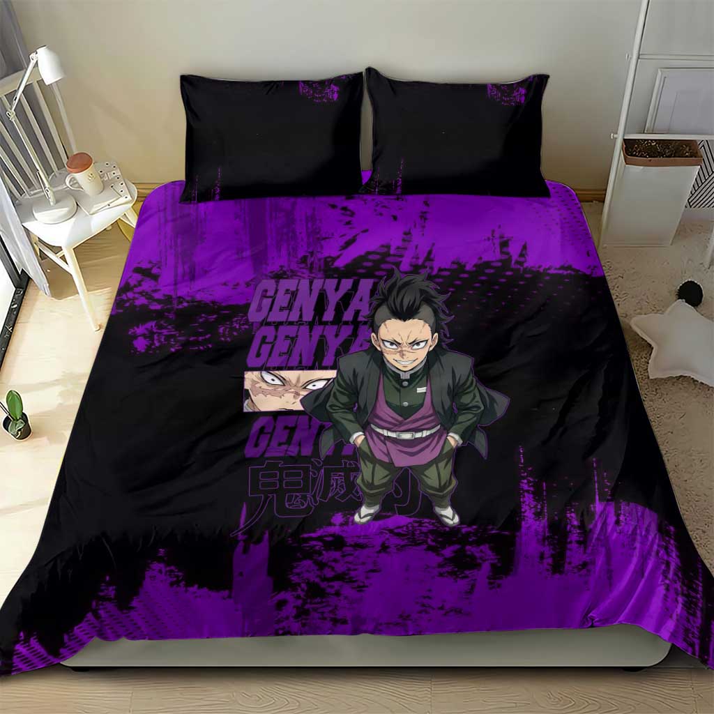 Genya Shinazugawa Demon Slayer Purple Grunge Design Bedding Set with Fierce Expression and Combat Stance - The Mazicc