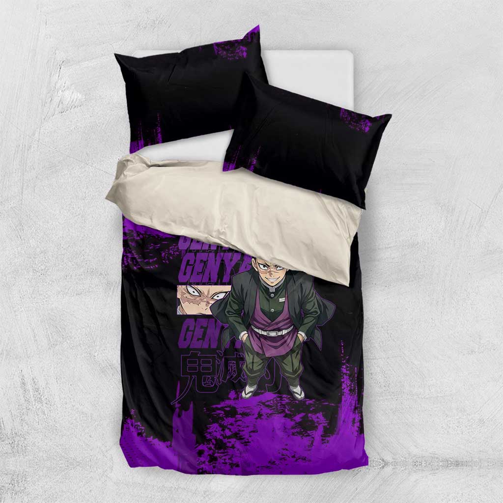 Genya Shinazugawa Demon Slayer Purple Grunge Design Bedding Set with Fierce Expression and Combat Stance - The Mazicc