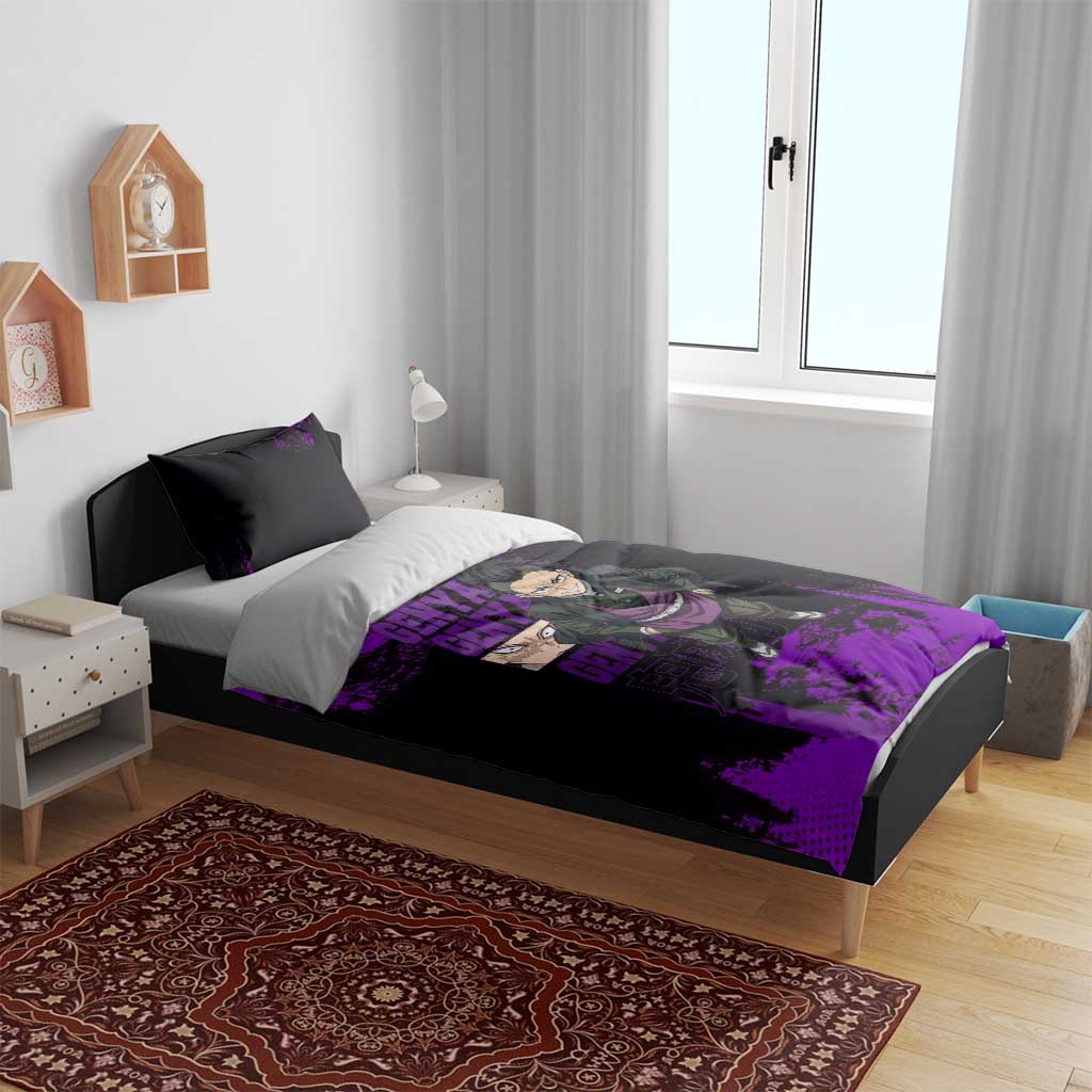 Genya Shinazugawa Demon Slayer Purple Grunge Design Bedding Set with Fierce Expression and Combat Stance - The Mazicc