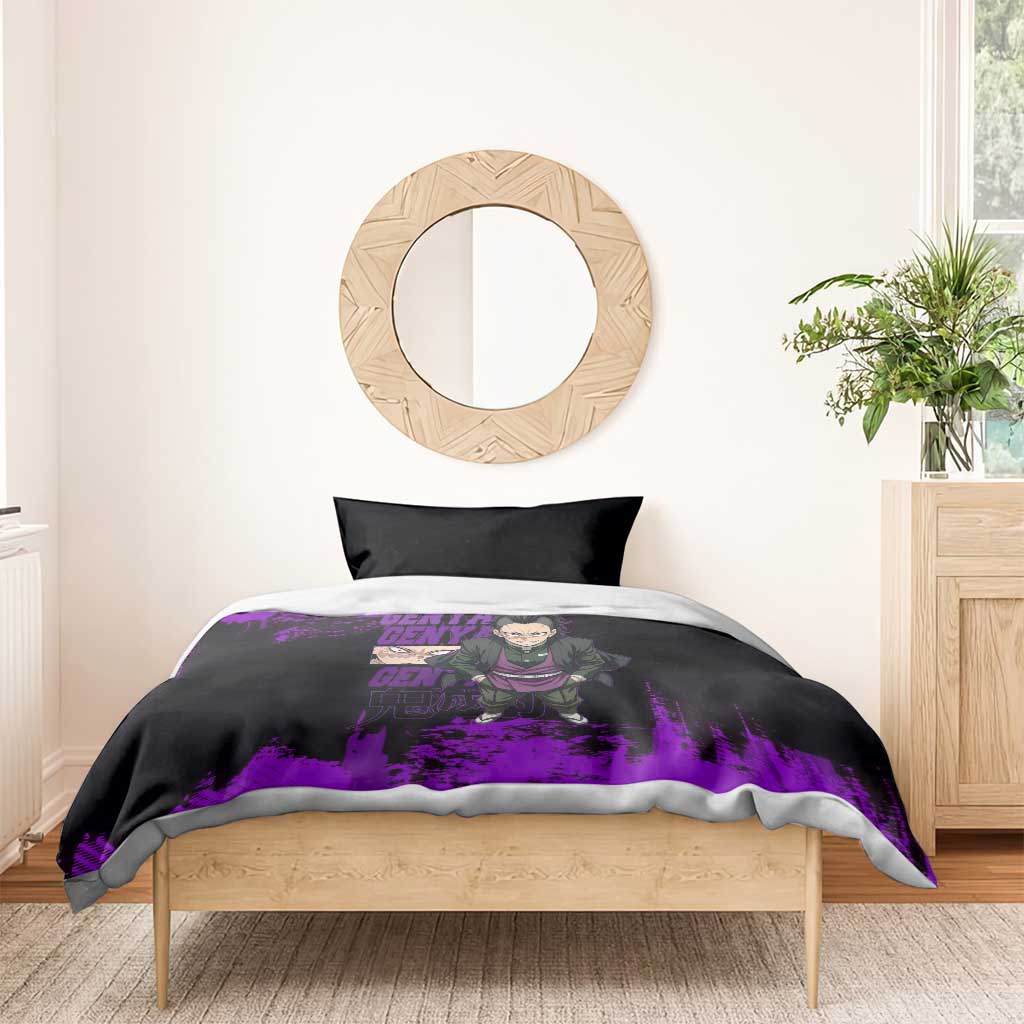 Genya Shinazugawa Demon Slayer Purple Grunge Design Bedding Set with Fierce Expression and Combat Stance - The Mazicc