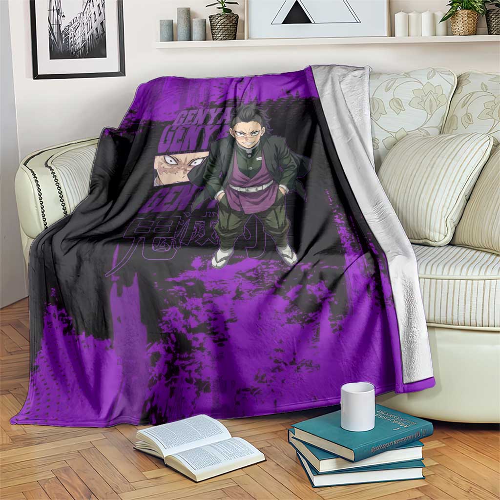 Genya Shinazugawa Demon Slayer Purple Grunge Design Blanket with Fierce Expression and Combat Stance - The Mazicc