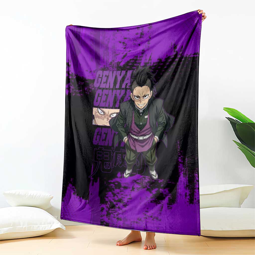 Genya Shinazugawa Demon Slayer Purple Grunge Design Blanket with Fierce Expression and Combat Stance - The Mazicc