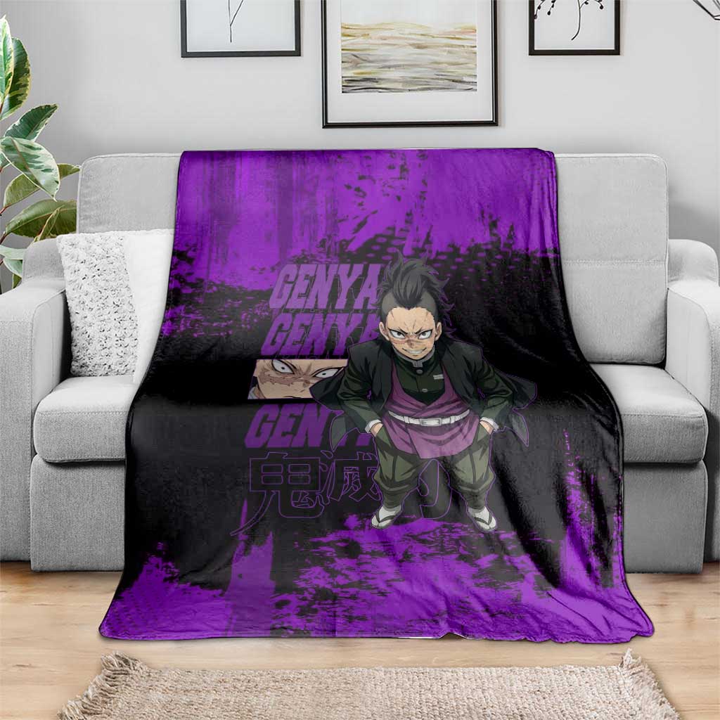 Genya Shinazugawa Demon Slayer Purple Grunge Design Blanket with Fierce Expression and Combat Stance - The Mazicc