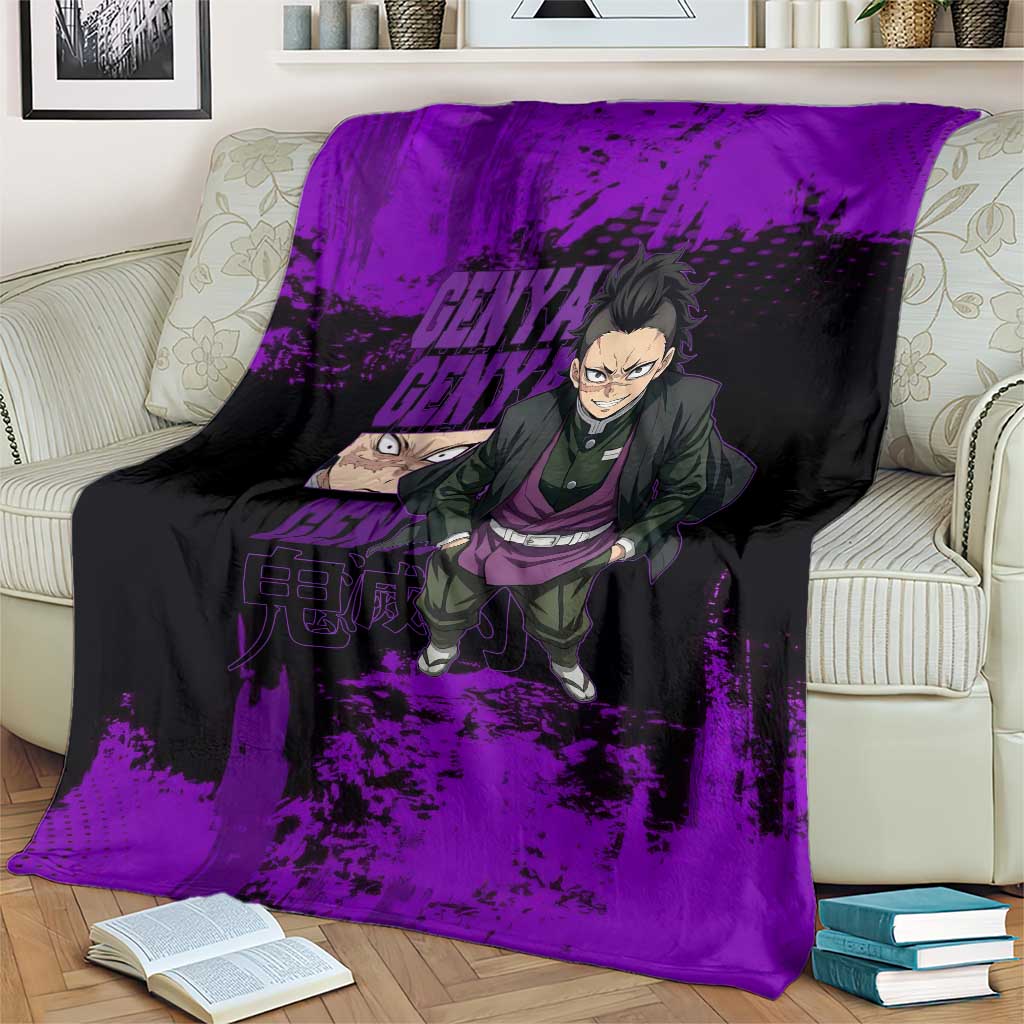 Genya Shinazugawa Demon Slayer Purple Grunge Design Blanket with Fierce Expression and Combat Stance - The Mazicc
