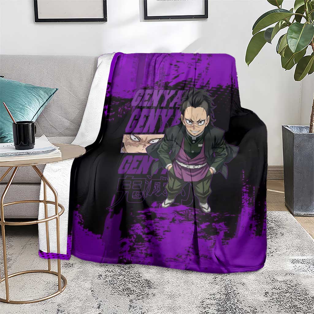 Genya Shinazugawa Demon Slayer Purple Grunge Design Blanket with Fierce Expression and Combat Stance - The Mazicc