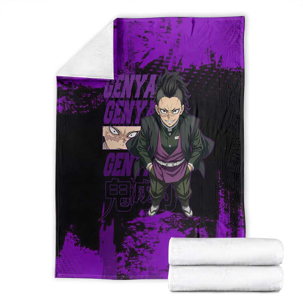 Genya Shinazugawa Demon Slayer Purple Grunge Design Blanket with Fierce Expression and Combat Stance - The Mazicc