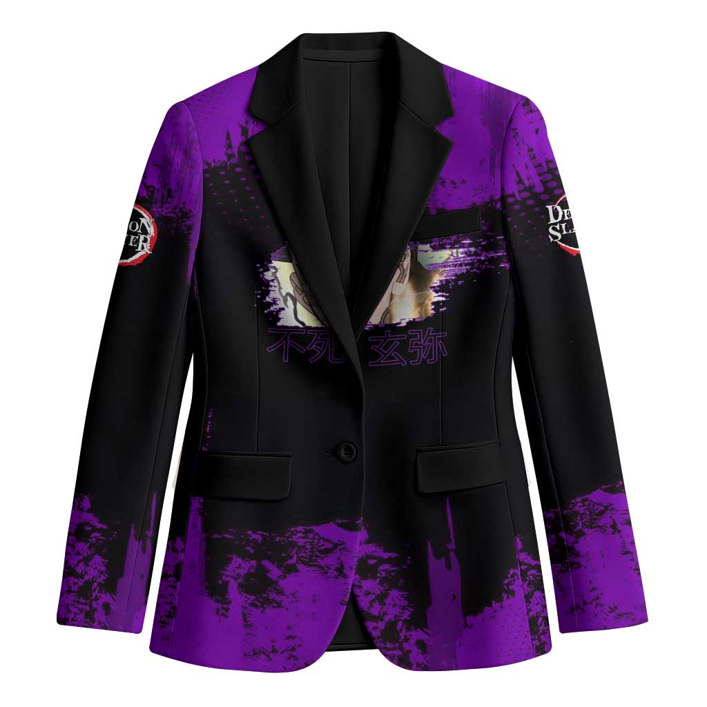 Genya Shinazugawa Demon Slayer Purple Grunge Design Blazer with Fierce Expression and Combat Stance - The Mazicc