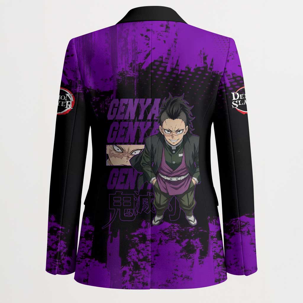 Genya Shinazugawa Demon Slayer Purple Grunge Design Blazer with Fierce Expression and Combat Stance - The Mazicc