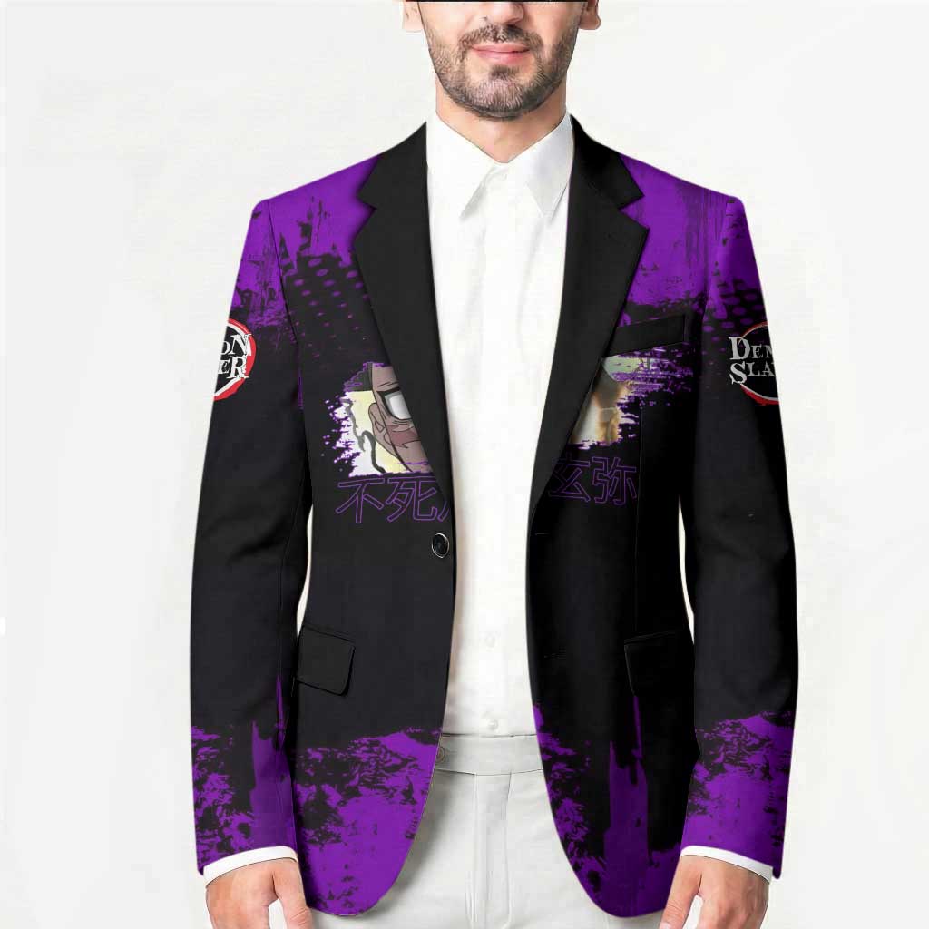 Genya Shinazugawa Demon Slayer Purple Grunge Design Blazer with Fierce Expression and Combat Stance - The Mazicc