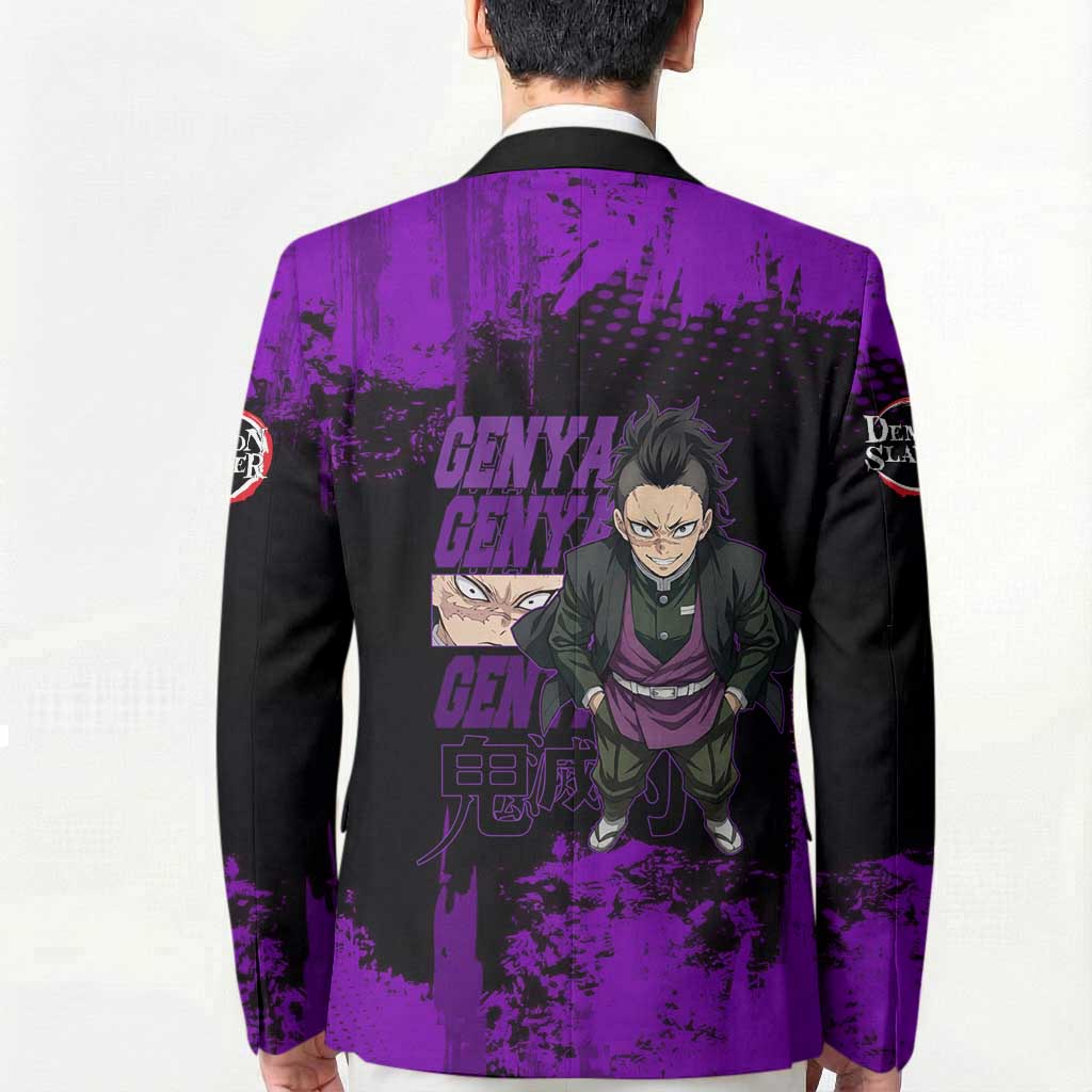 Genya Shinazugawa Demon Slayer Purple Grunge Design Blazer with Fierce Expression and Combat Stance - The Mazicc