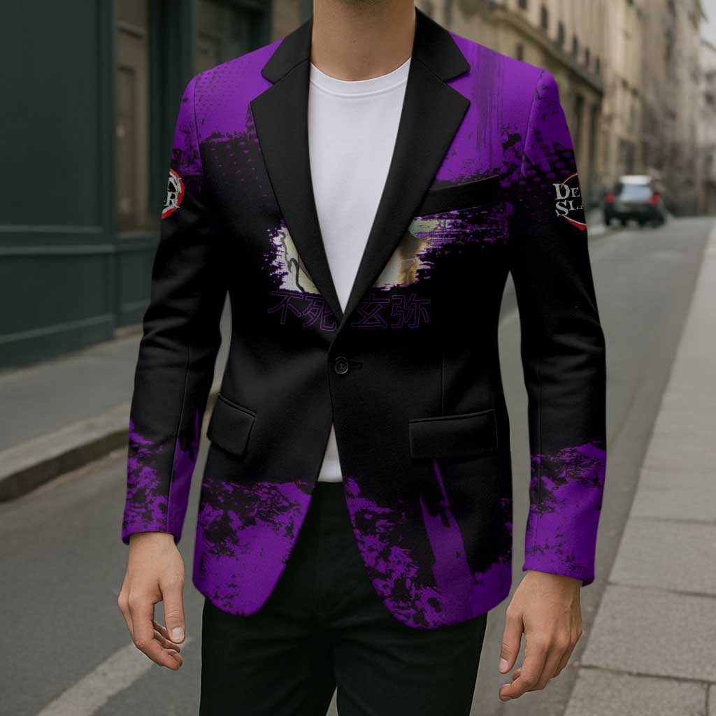 Genya Shinazugawa Demon Slayer Purple Grunge Design Blazer with Fierce Expression and Combat Stance - The Mazicc