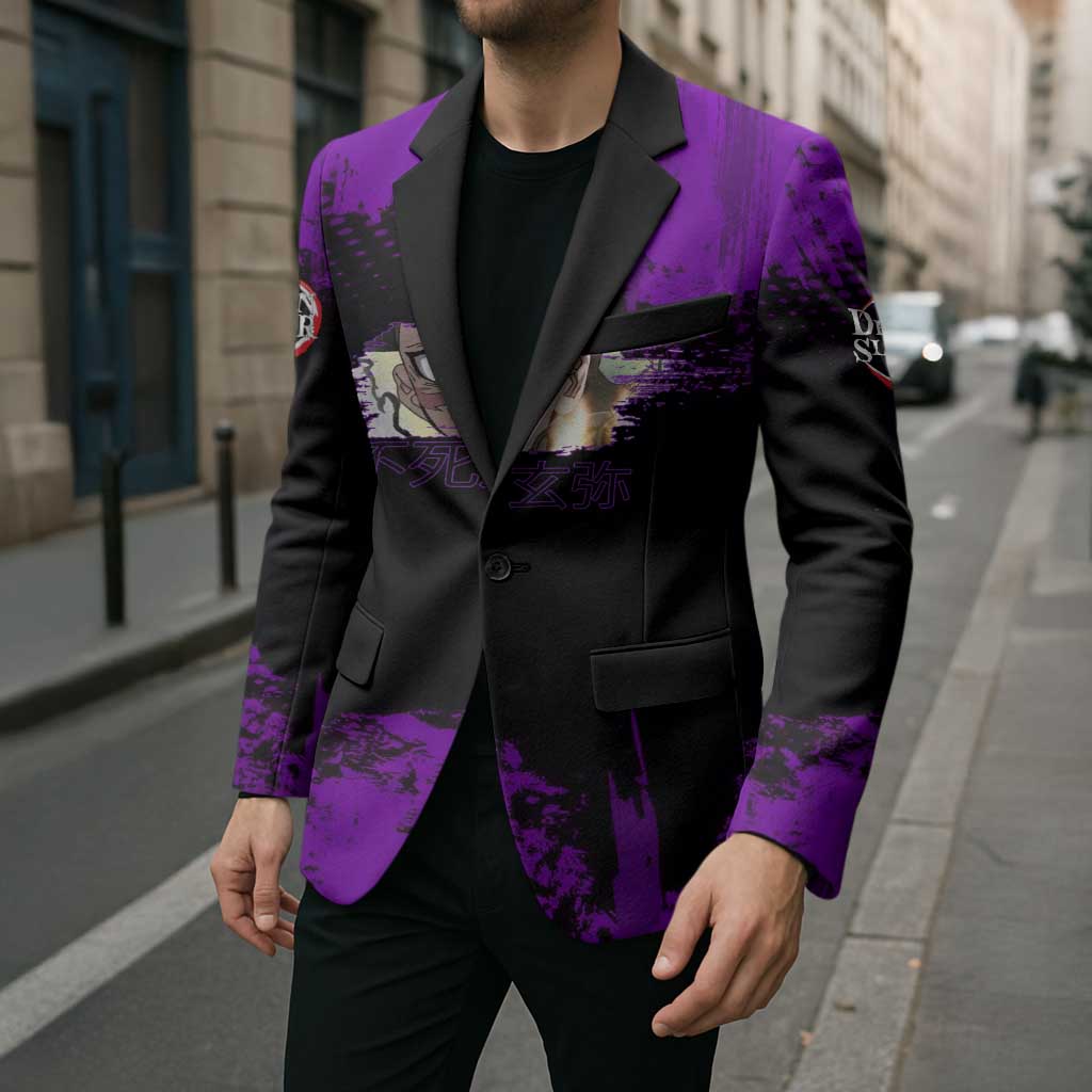 Genya Shinazugawa Demon Slayer Purple Grunge Design Blazer with Fierce Expression and Combat Stance - The Mazicc