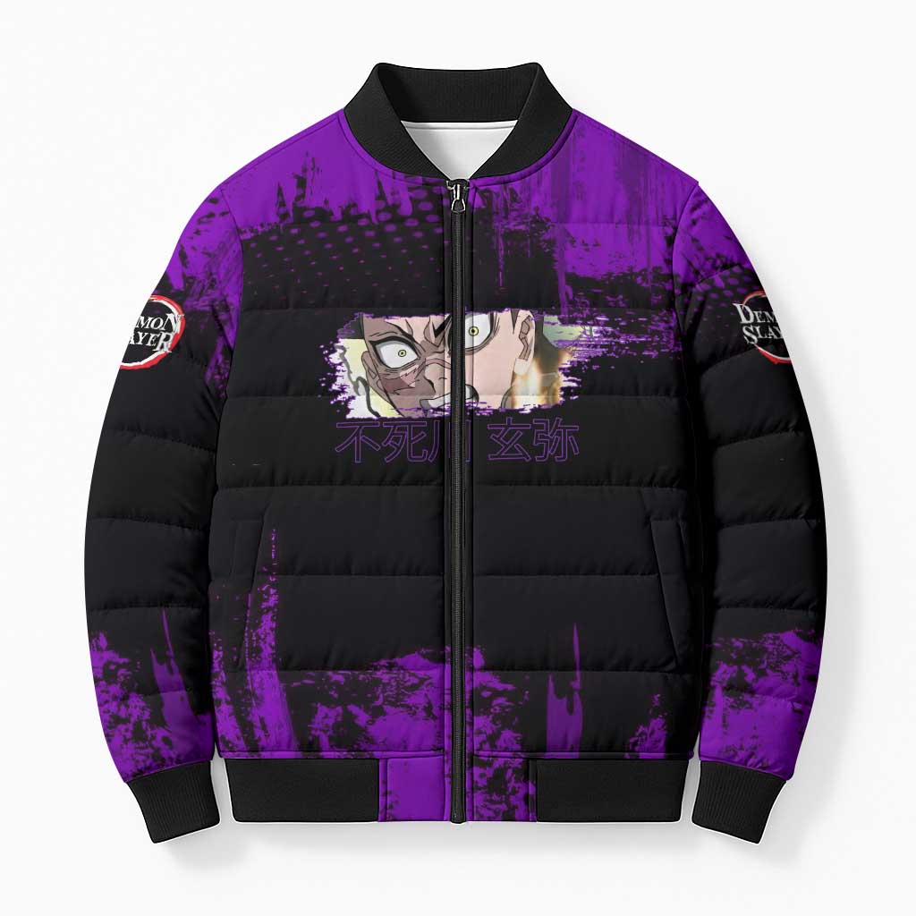 Genya Shinazugawa Demon Slayer Purple Grunge Design Bomber Puffer Jacket with Fierce Expression and Combat Stance - The Mazicc