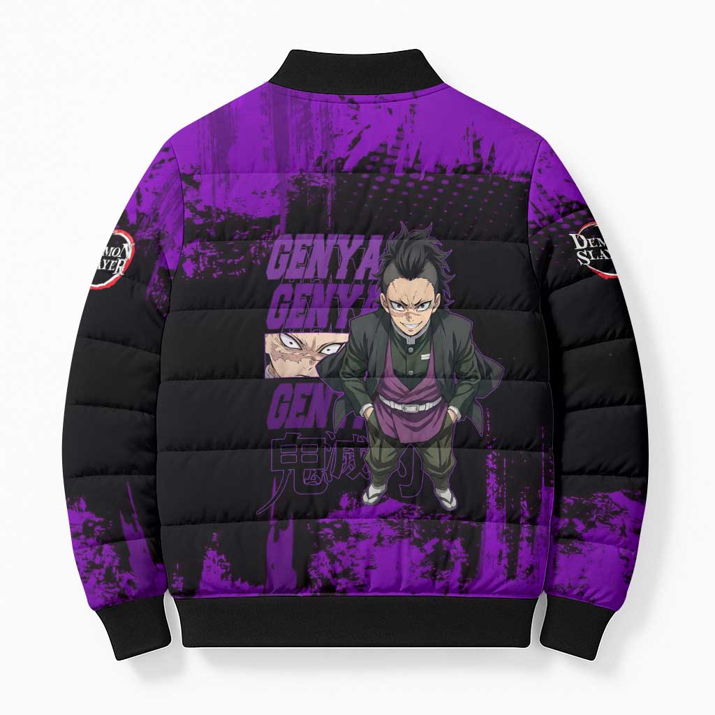 Genya Shinazugawa Demon Slayer Purple Grunge Design Bomber Puffer Jacket with Fierce Expression and Combat Stance - The Mazicc