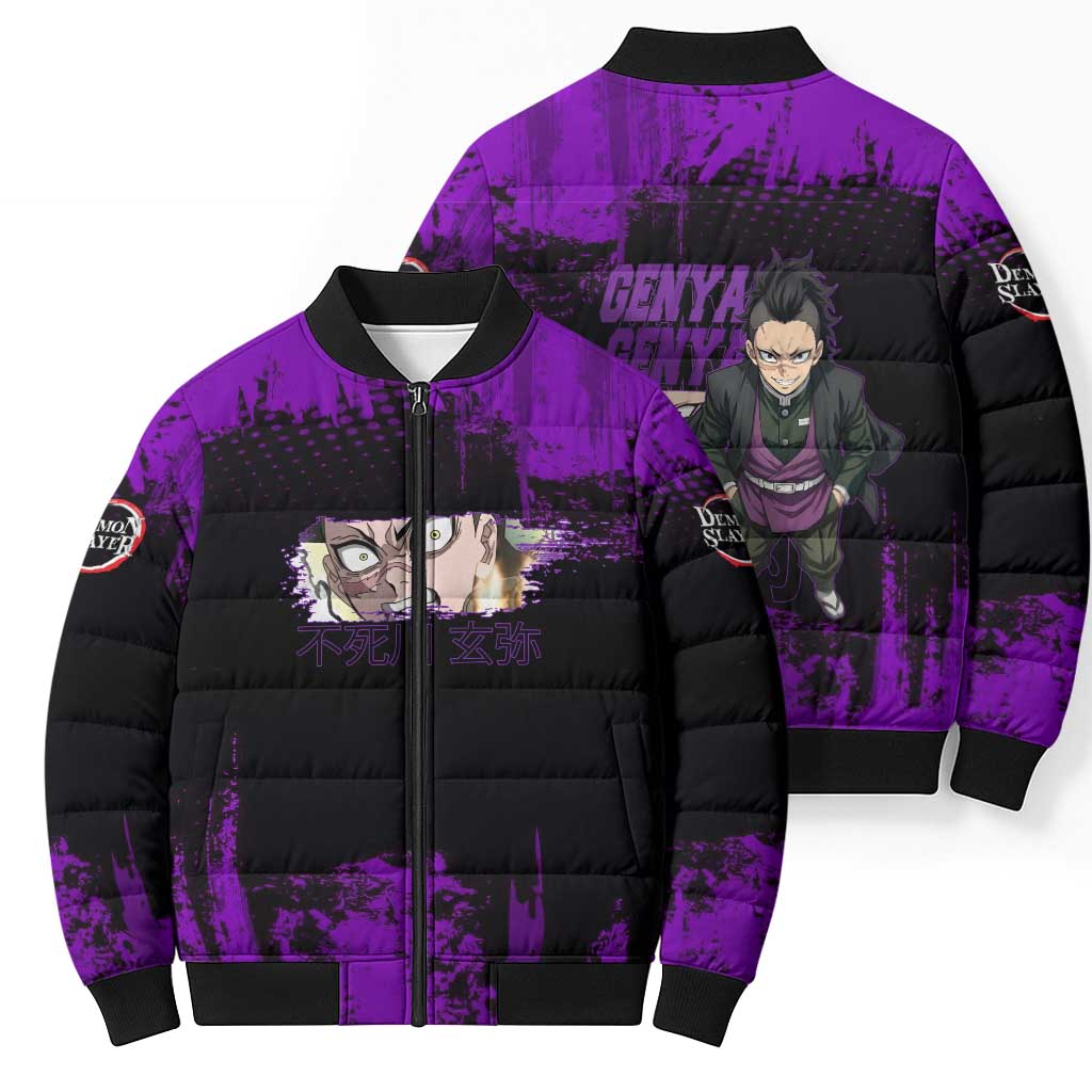 Genya Shinazugawa Demon Slayer Purple Grunge Design Bomber Puffer Jacket with Fierce Expression and Combat Stance - The Mazicc