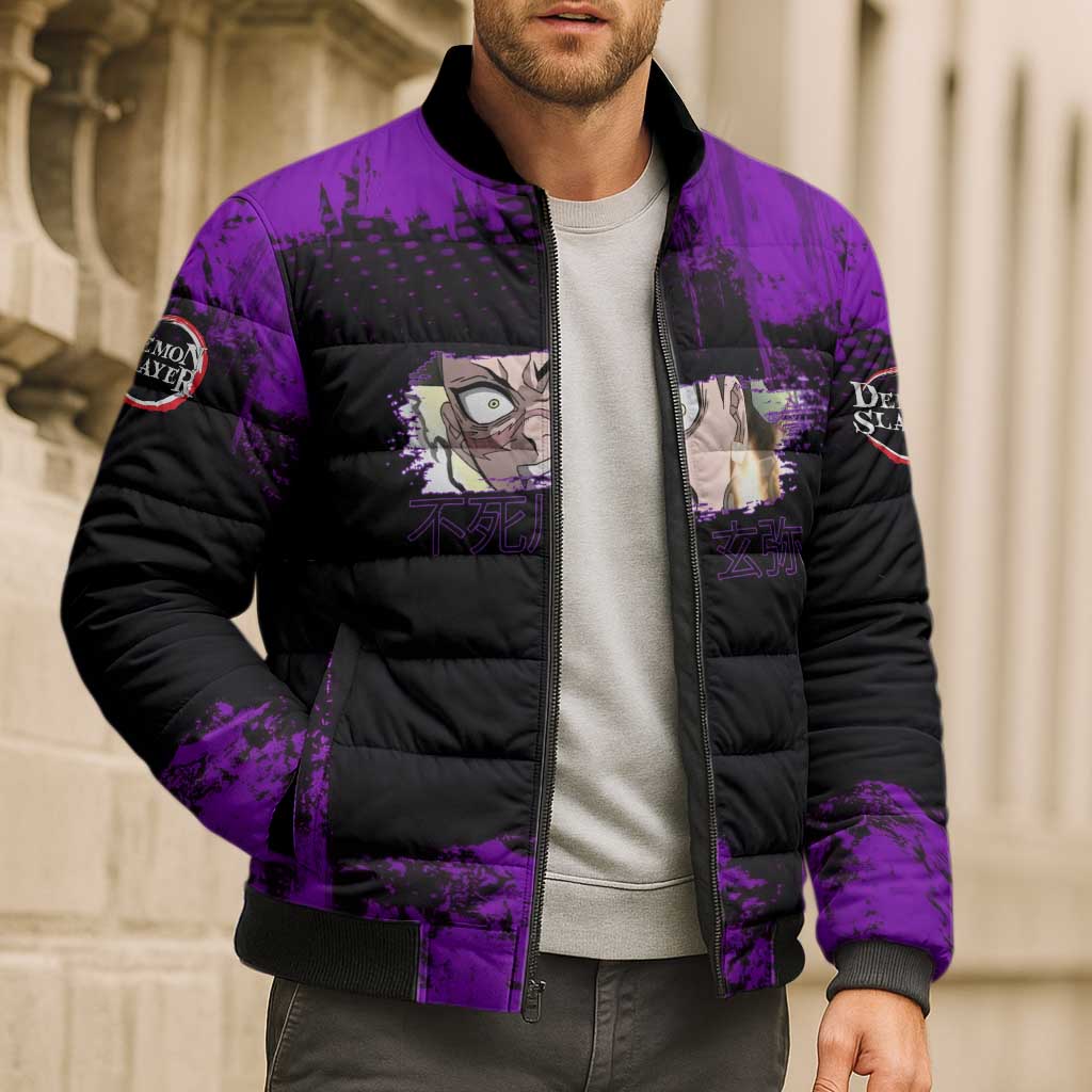 Genya Shinazugawa Demon Slayer Purple Grunge Design Bomber Puffer Jacket with Fierce Expression and Combat Stance - The Mazicc