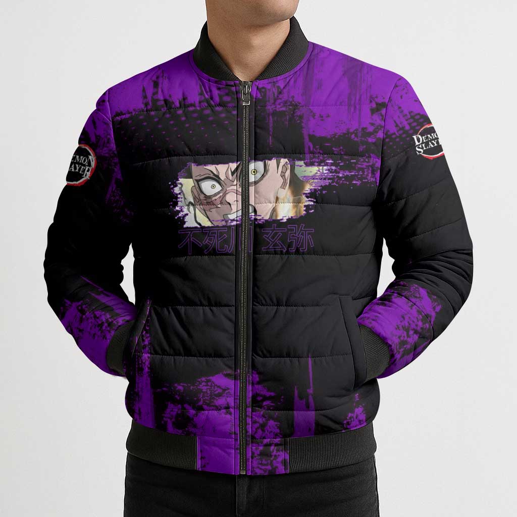 Genya Shinazugawa Demon Slayer Purple Grunge Design Bomber Puffer Jacket with Fierce Expression and Combat Stance - The Mazicc