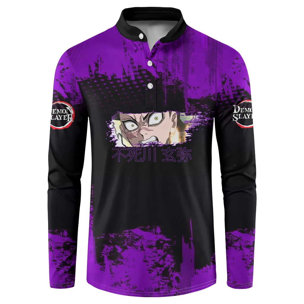 Genya Shinazugawa Demon Slayer Purple Grunge Design Button Sweatshirt with Fierce Expression and Combat Stance - The Mazicc