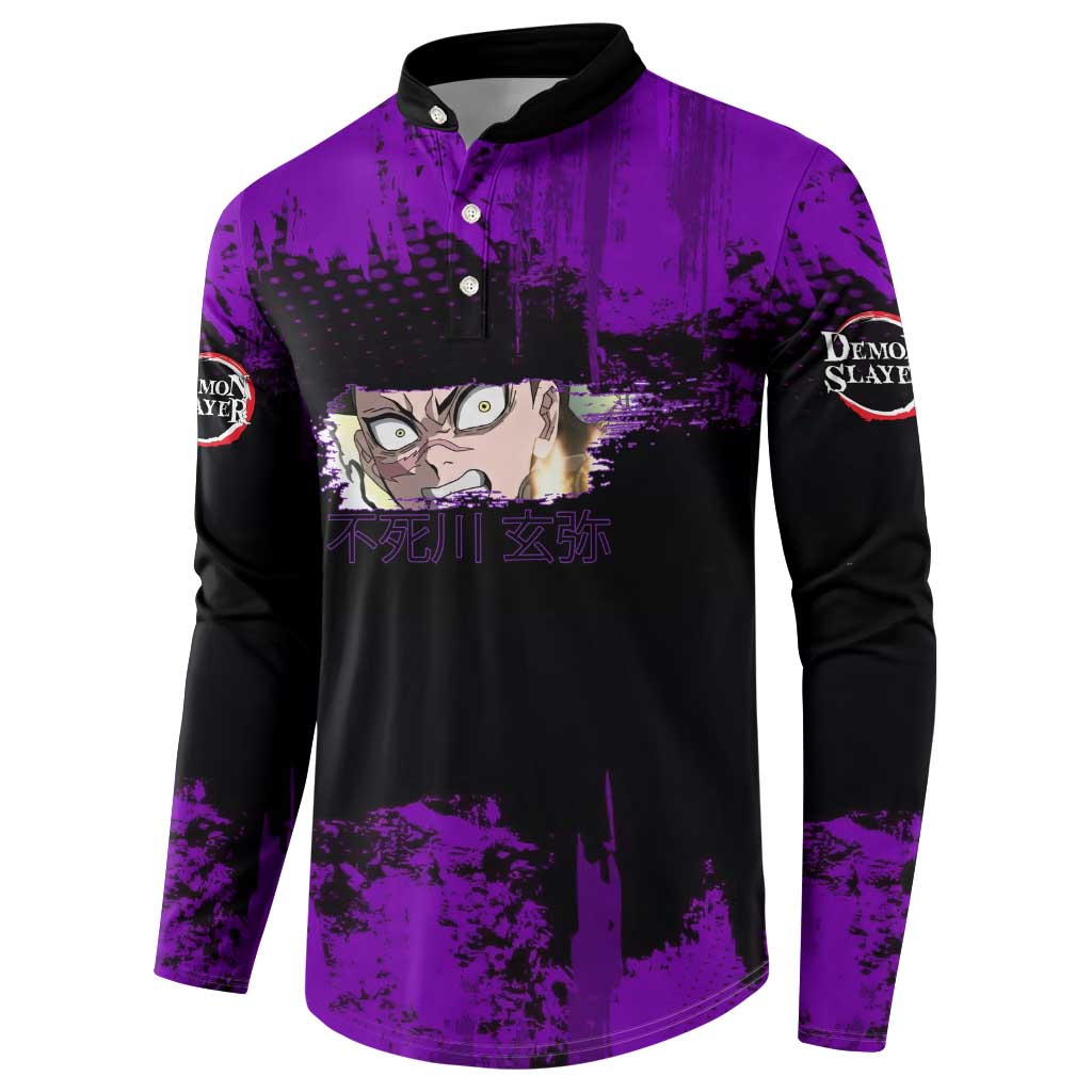 Genya Shinazugawa Demon Slayer Purple Grunge Design Button Sweatshirt with Fierce Expression and Combat Stance - The Mazicc