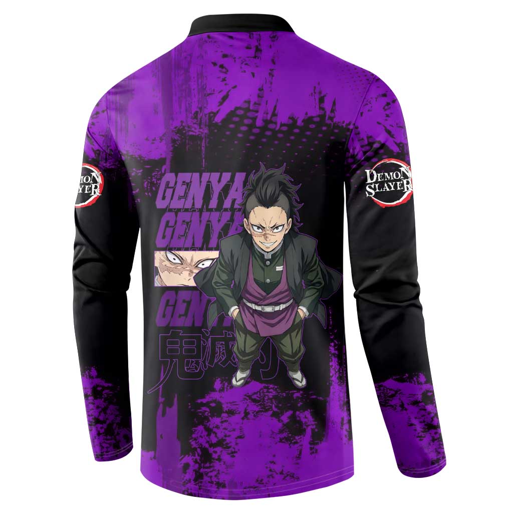 Genya Shinazugawa Demon Slayer Purple Grunge Design Button Sweatshirt with Fierce Expression and Combat Stance - The Mazicc