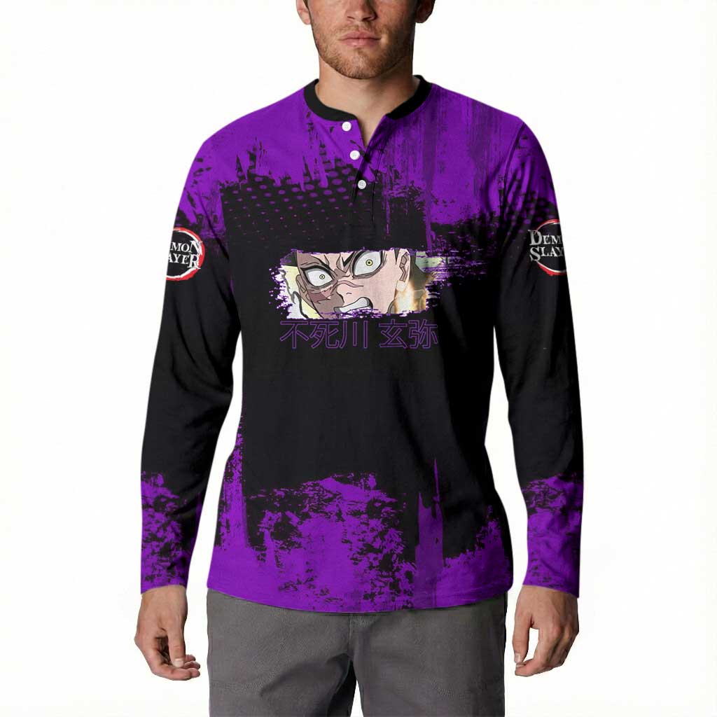 Genya Shinazugawa Demon Slayer Purple Grunge Design Button Sweatshirt with Fierce Expression and Combat Stance - The Mazicc